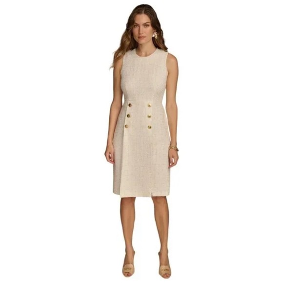 Donna Karan Dresses & Skirts - Donna Karan White and Gold Sleeveless Tweed Sheath Mini Dress Size 2